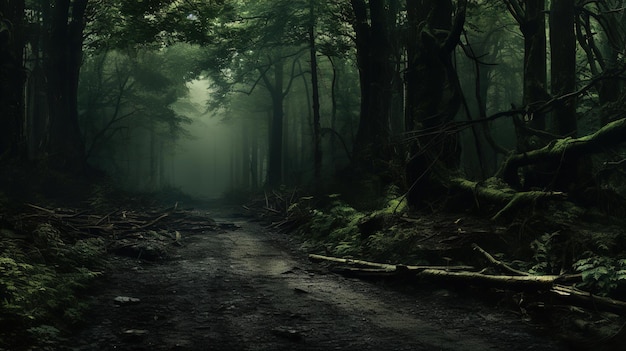 un camino del bosque en la niebla