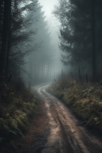 Un camino en el bosque oscuro con un fondo brumoso