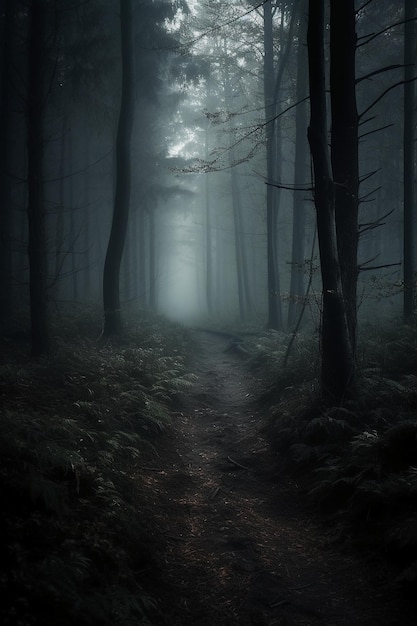 Un camino en un bosque oscuro con una luz encendida