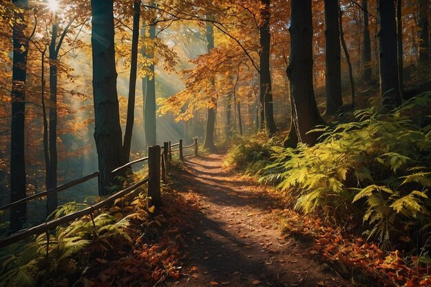 Camino del bosque de otoño a la luz del sol