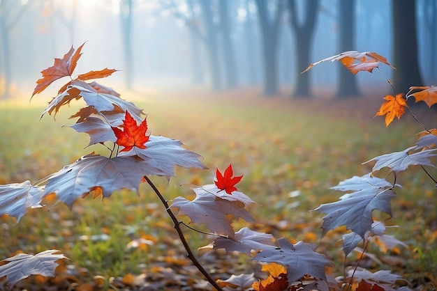 Camino del bosque de otoño Árbol de color naranja hojas de arce marrón rojo en el parque de la ciudad de otoño Escena de la naturaleza en la niebla del atardecer Bosque en un paisaje pintoresco Sol brillante amanecer de un día soleado vista de la luz del sol por la mañana