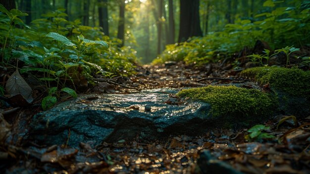 un camino en el bosque con una piedra en primer plano