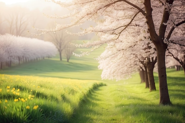 Foto un camino en el bosque de primavera con un camino que conduce al horizonte