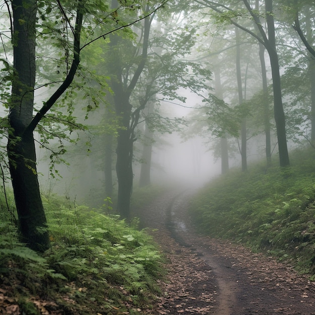 un camino en el bosque con un rastro en la niebla.