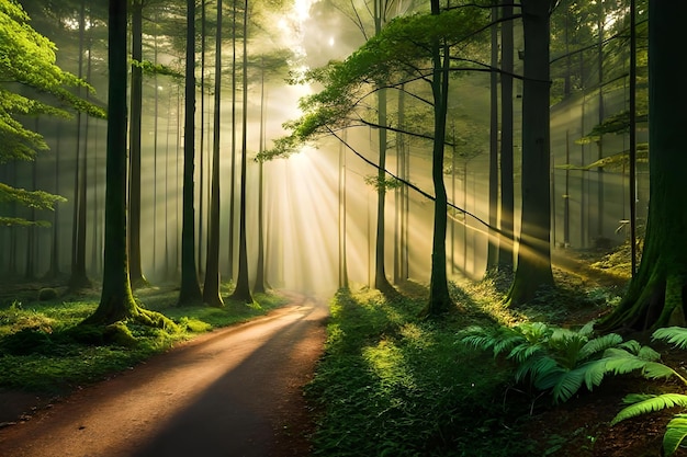 Un camino en el bosque con rayos de sol.