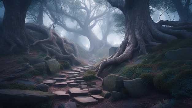 Un camino en el bosque con rocas y árboles imagen ai generativa.