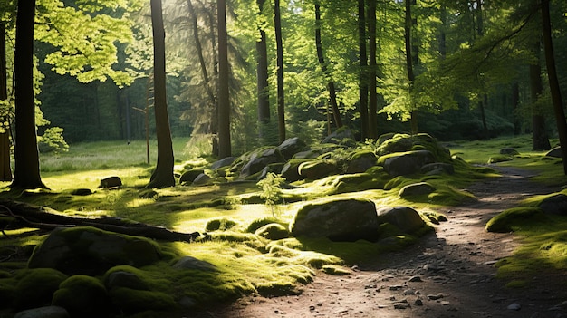 un camino en un bosque con rocas y árboles