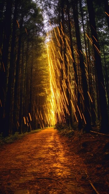 Foto un camino del bosque con un sendero que tiene una luz en él.