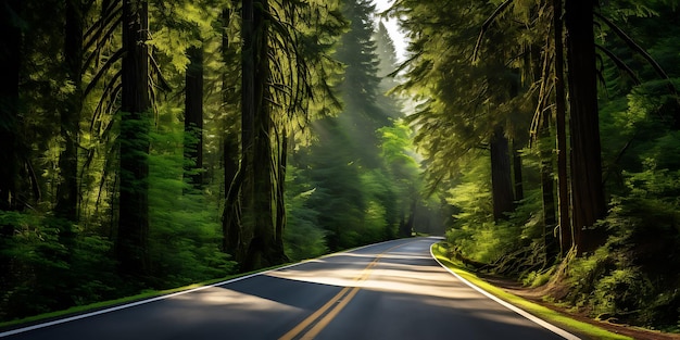 Camino en el bosque de sequoias en California, EE.UU.