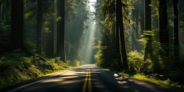 Camino en el bosque de sequoias en California, EE.UU.