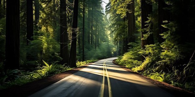 Camino en el bosque de sequoias en California, EE.UU.