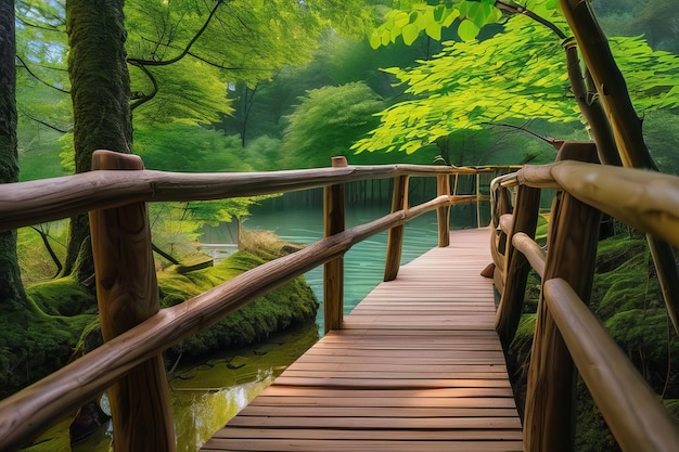 El camino del bosque sereno la belleza tranquila a lo largo del puente de madera