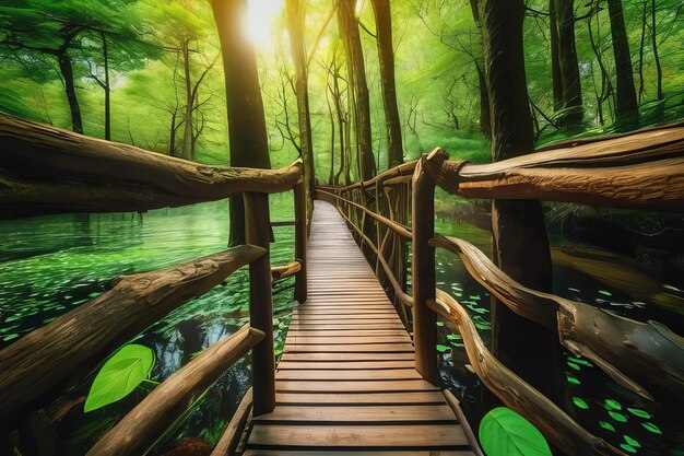 El camino del bosque sereno la belleza tranquila a lo largo del puente de madera