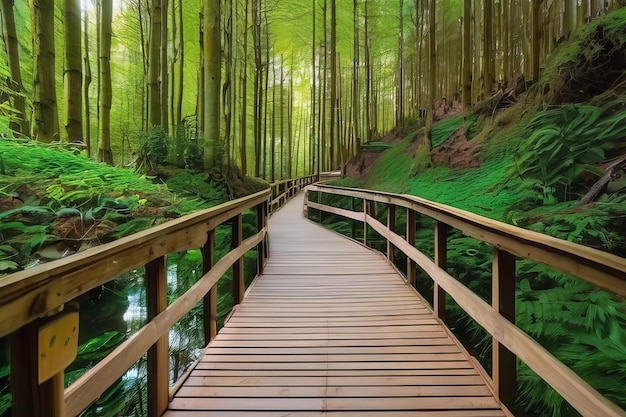 El camino del bosque sereno la belleza tranquila a lo largo del puente de madera