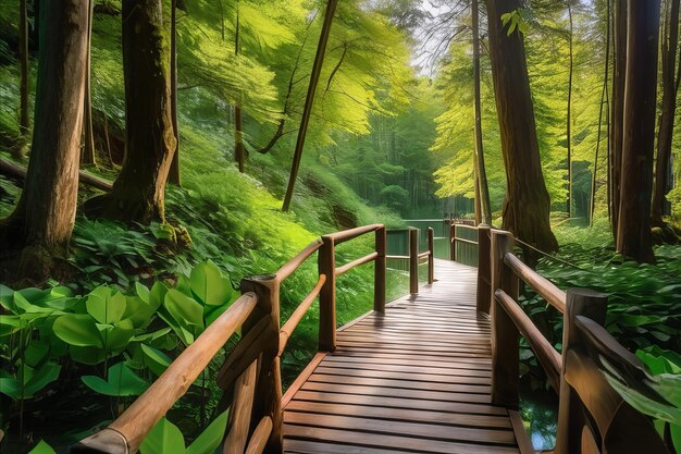 El camino del bosque sereno la belleza tranquila a lo largo del puente de madera