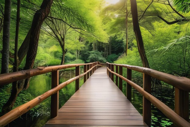 El camino del bosque sereno la belleza tranquila a lo largo del puente de madera