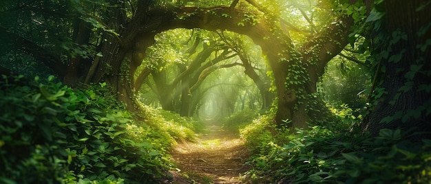 Un camino de bosque sereno y místico rodeado de exuberante vegetación y árboles antiguos