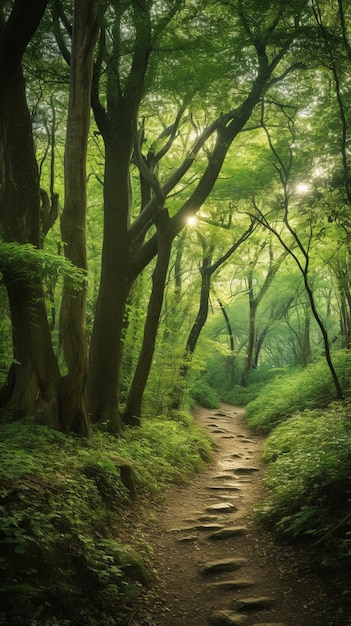 Un camino en un bosque con el sol brillando sobre él.