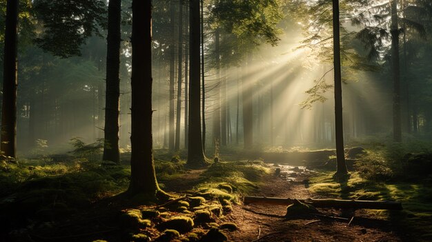 un camino en el bosque con el sol brillando a través de los árboles