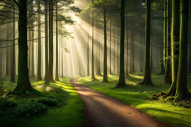 Un camino en el bosque con el sol brillando a través de los árboles.