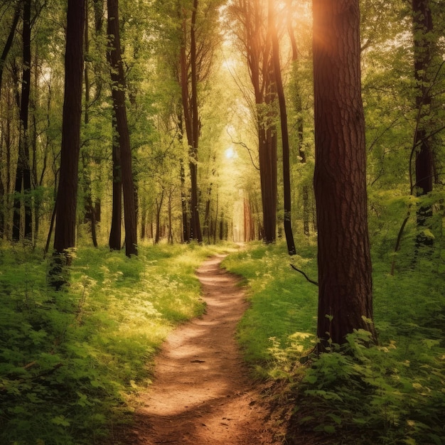 Un camino por el bosque con el sol brillando a través de los árboles.