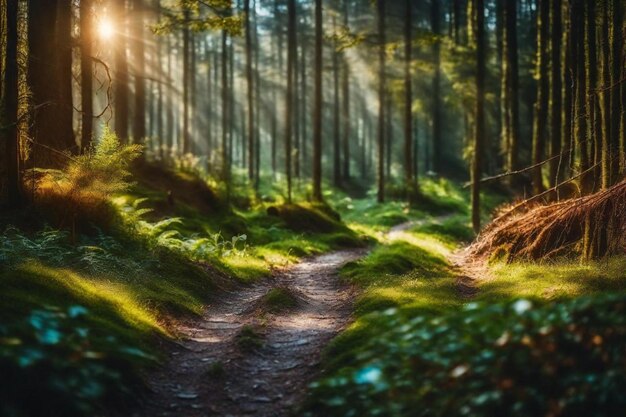 un camino en el bosque con el sol brillando a través de los árboles