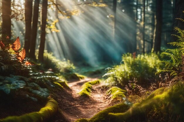 un camino en un bosque con el sol brillando a través de los árboles