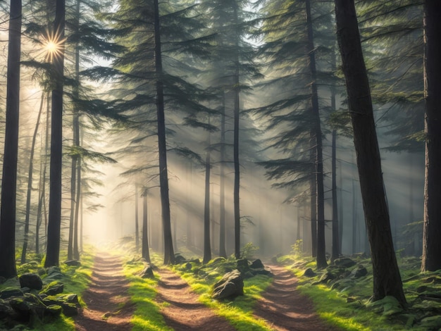 Un camino en un bosque con sol brillando a través de los árboles.