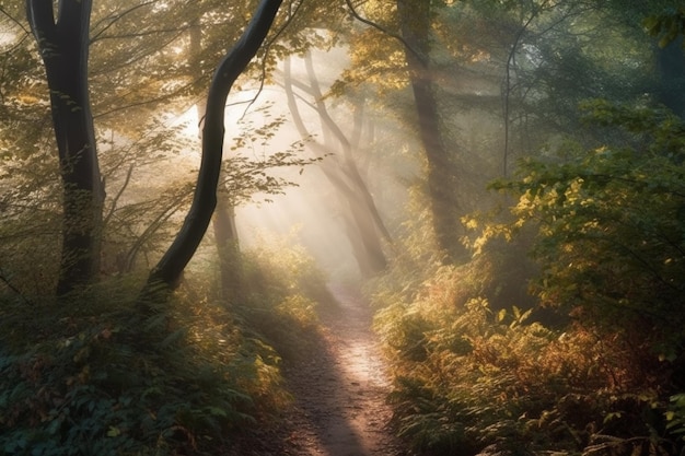 Un camino en el bosque con el sol brillando a través de los árboles.