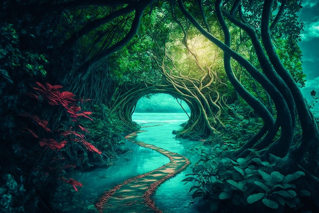 Un camino en el bosque con un túnel en el medio.