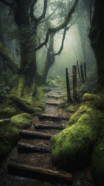 Un camino en el bosque con valla y musgo.