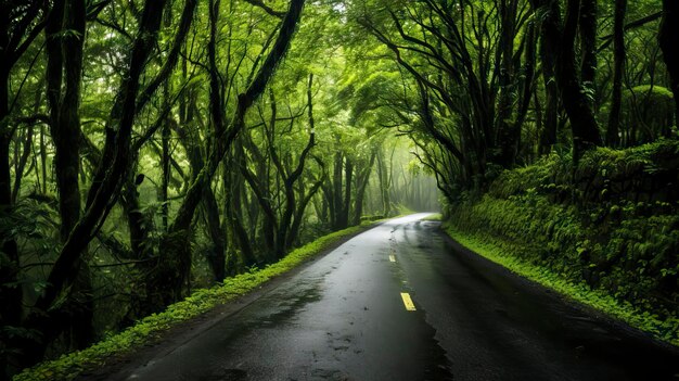 Camino en el bosque verde con luz que pasa a través del árbol y la niebla IA generativa