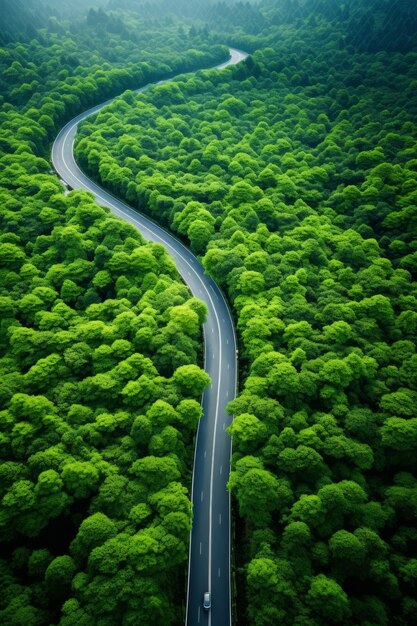 Foto camino entre los bosques vista de pájaros ia generativa