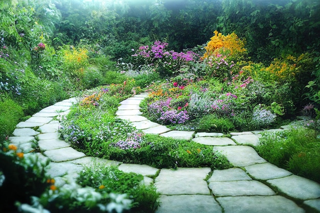 Camino a la cama de flores en el jardín.