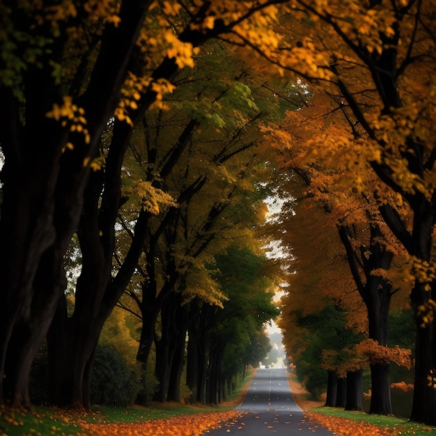 Un camino con un camino bordeado de árboles con un camino con hojas de otoño.