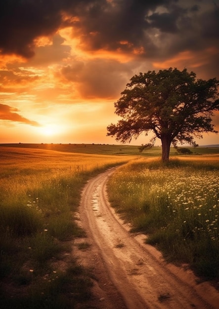 Un camino en un campo con un árbol en primer plano