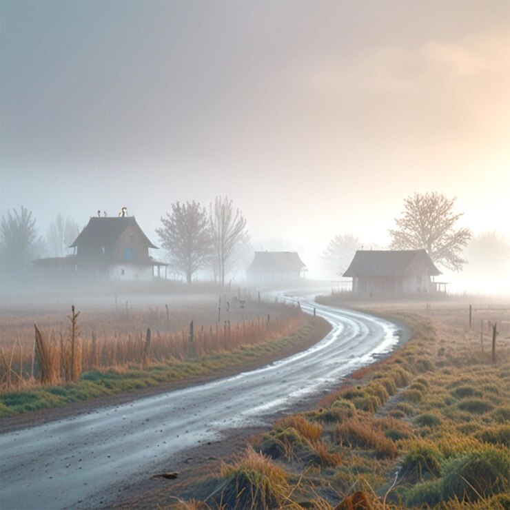 un camino de campo con una casa y un camino en la niebla