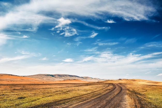 Camino en el campo y cielo azul. Hermoso paisaje de verano.