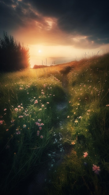 Un camino en un campo de flores con la puesta de sol detrás de él.