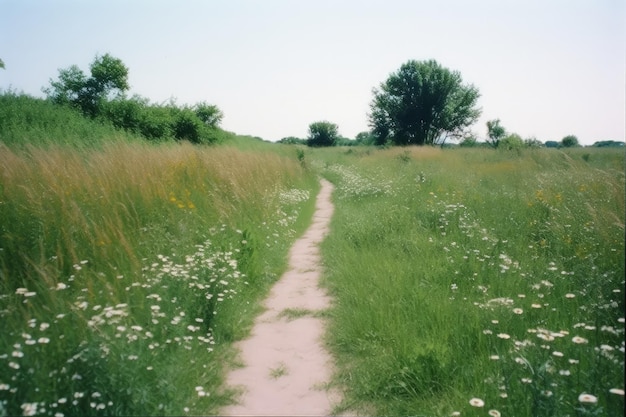 Un camino en un campo de flores.