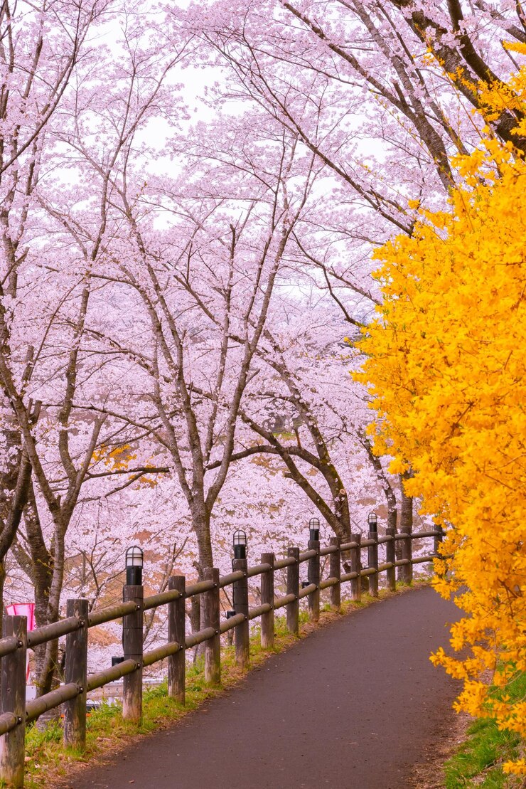 Camino de campo de Forsythia con el fondo del árbol de flor de cerezo