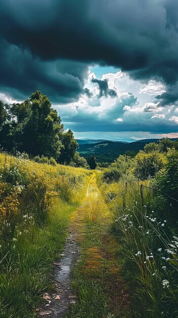 Camino en el campo de hierba en el medio bajo un cielo nublado