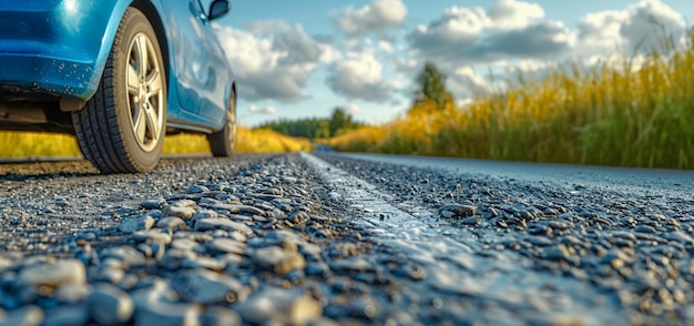 Camino de campo húmedo que conduce a través de un paisaje soleado con coche