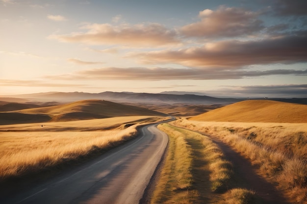 Un camino de campo con montañas y campos