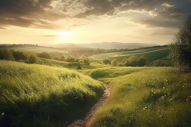 Un camino en un campo con una puesta de sol al fondo.