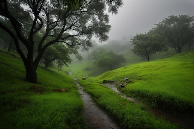 Un camino en un campo verde con árboles y un campo verde.