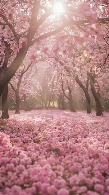 El camino de las cerezas en flor iluminado por el sol