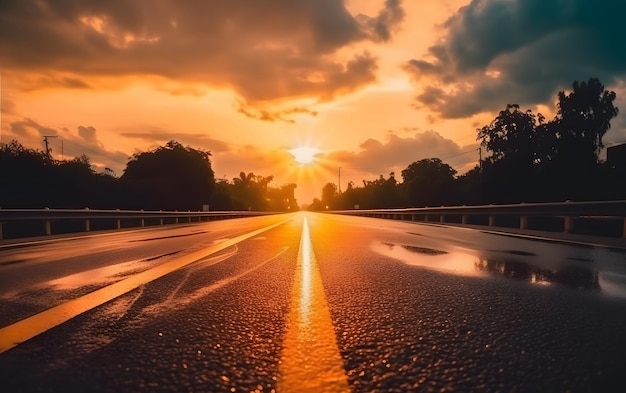 Un camino con un cielo amarillo y el sol se está poniendo.