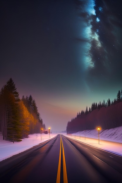 Un camino con un cielo estrellado y un camino con un cielo estrellado sobre él.