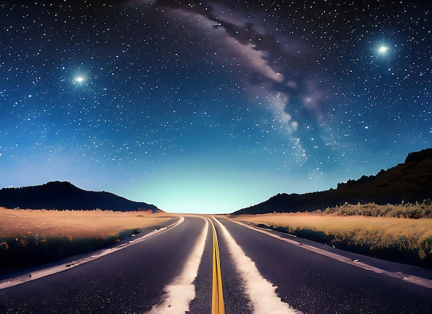 un camino bajo un cielo nocturno lleno de estrellas una pintura mate